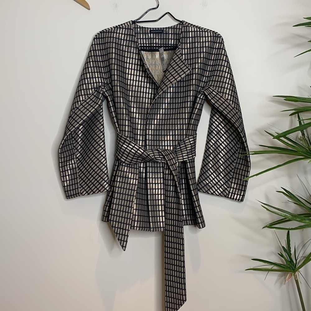 Josie Natori | NWT Tan Black Woven Metal Belted Kimono Style Jacket M MSRP $795 - Picture 7 of 17